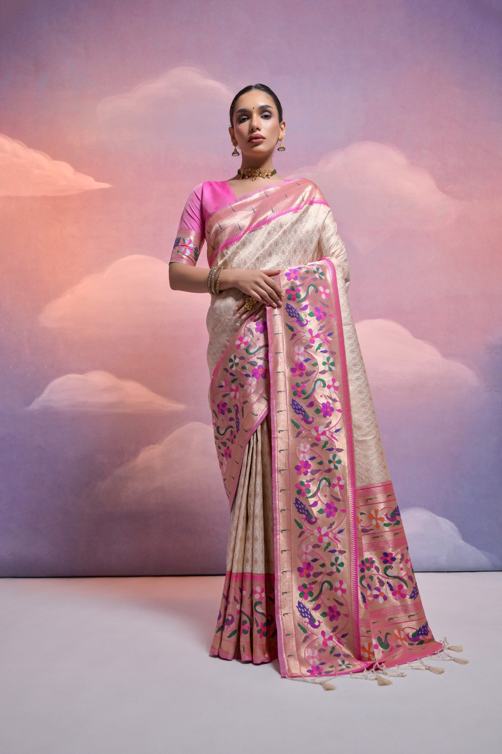 White Paithani Silk Saree with Meenakari Border and Zari Weaves