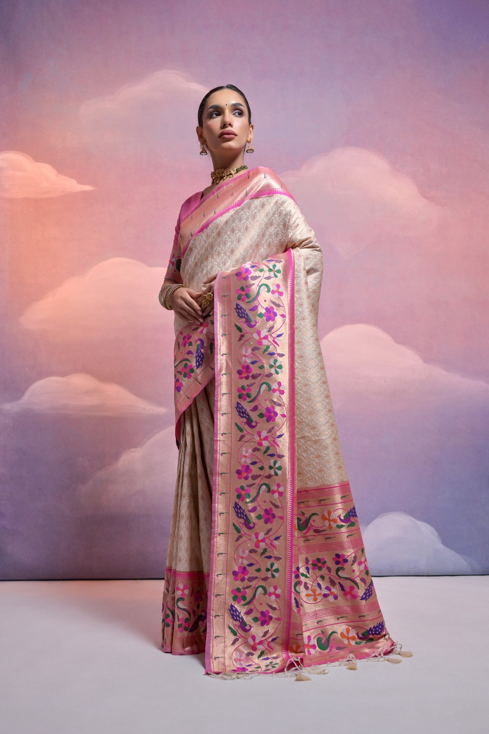 White Paithani Silk Saree with Meenakari Border and Zari Weaves