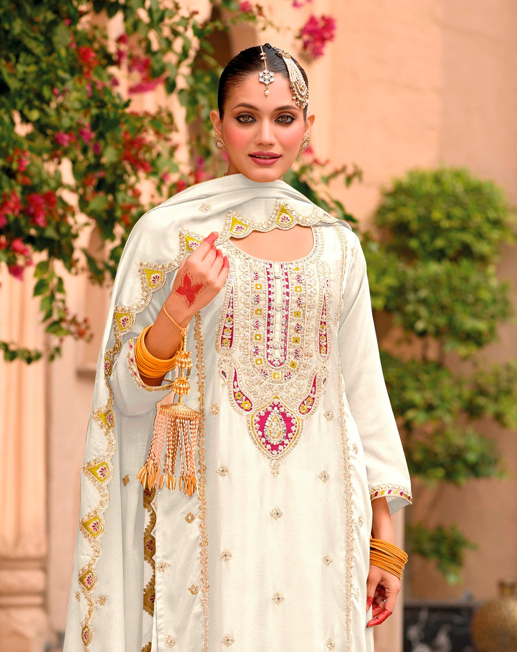 White Palazzo Style Salwar Suit With Heavy Embroidery Work