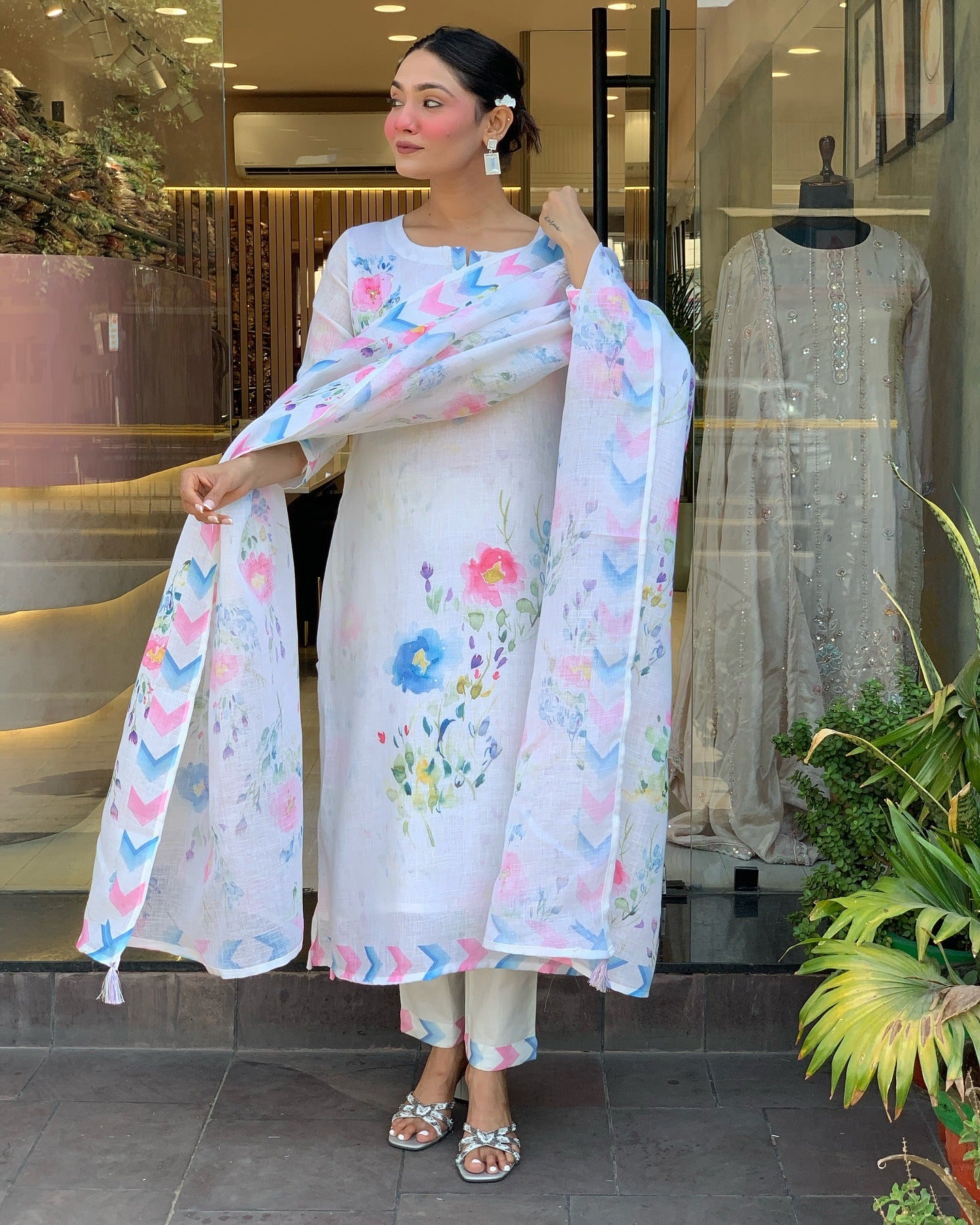 White Pure Linen Kurta Pant Set  Printed