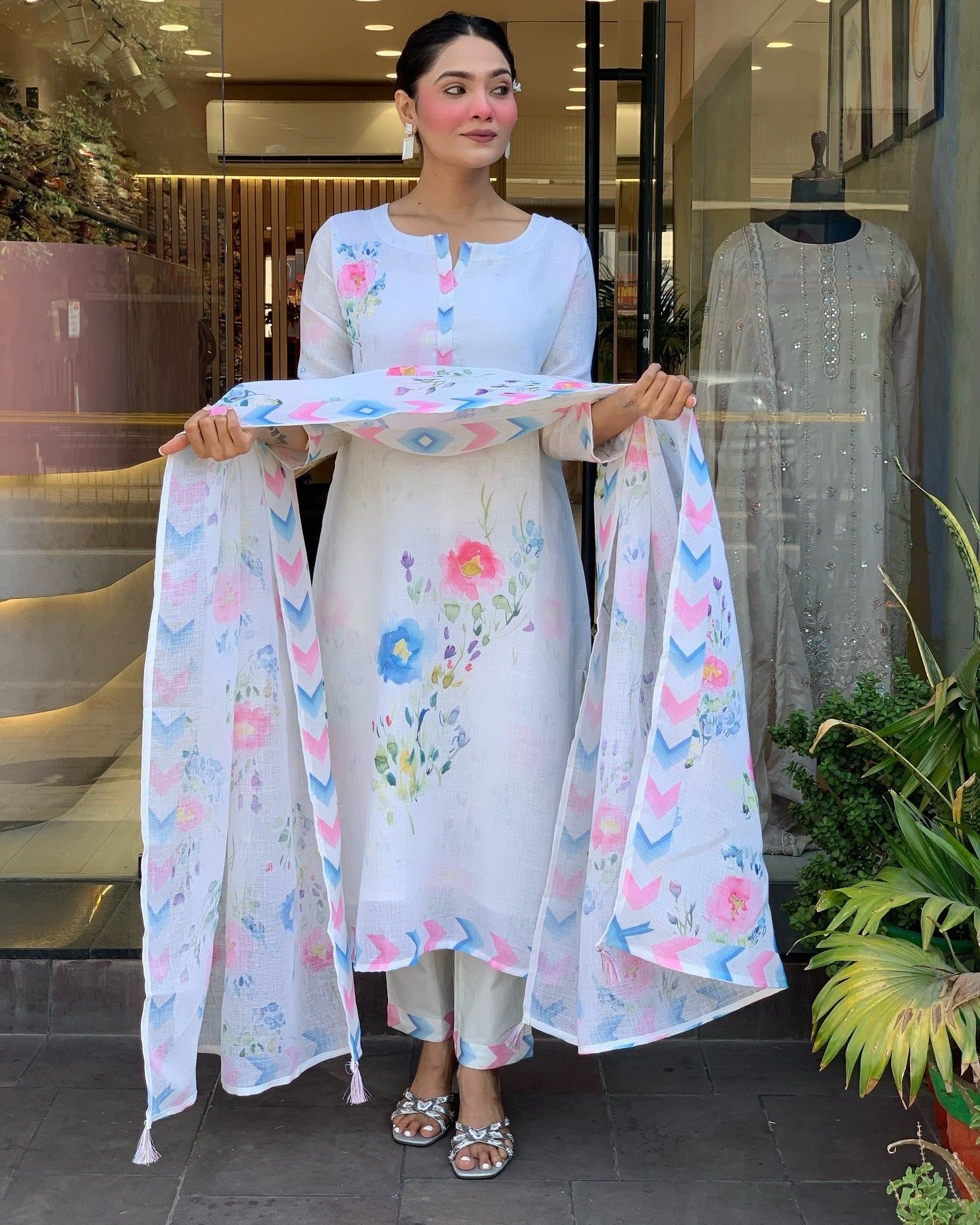 White Pure Linen Kurta Pant Set  Printed