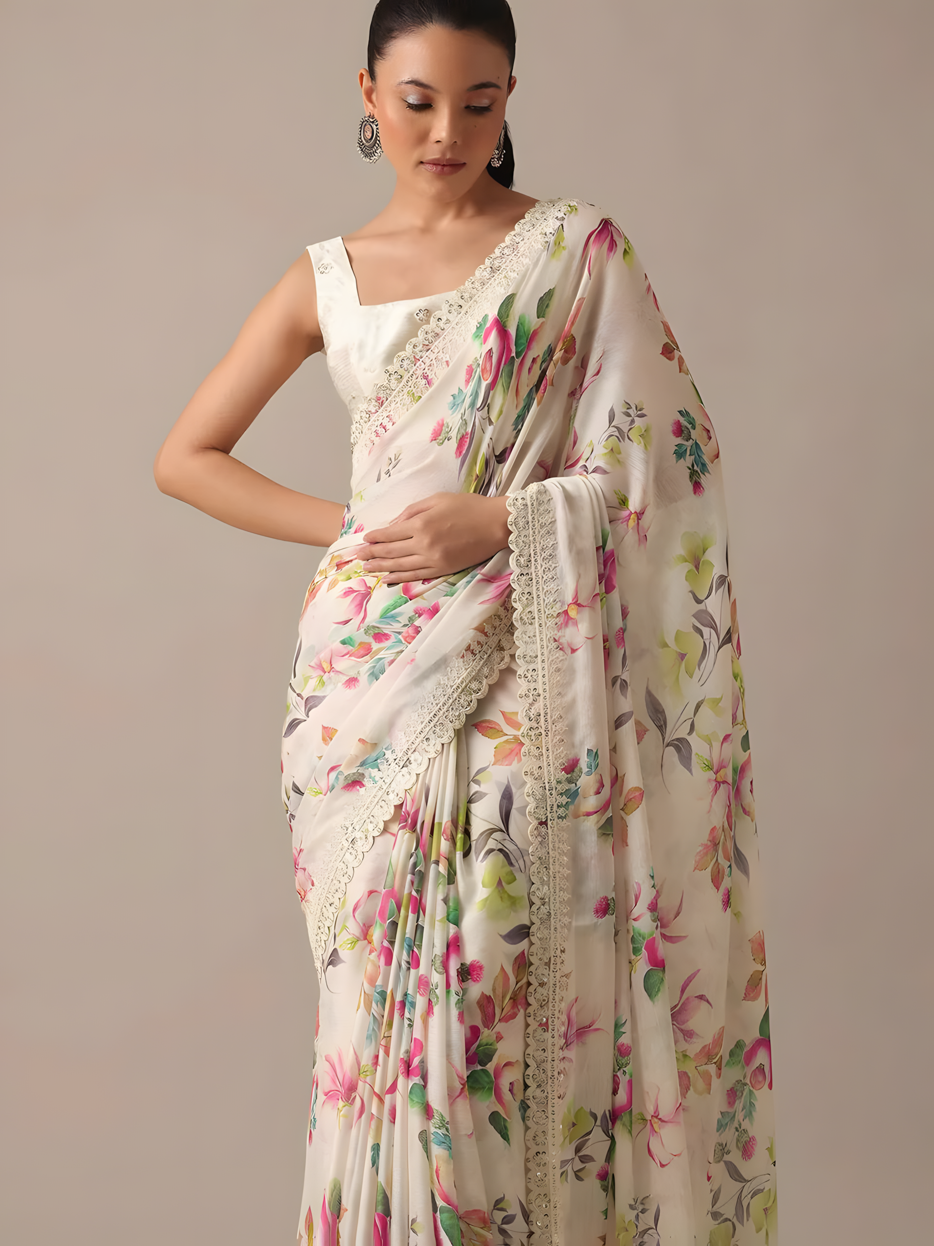 White Pure Soft Georgette chiffon  Saree with Digital Print