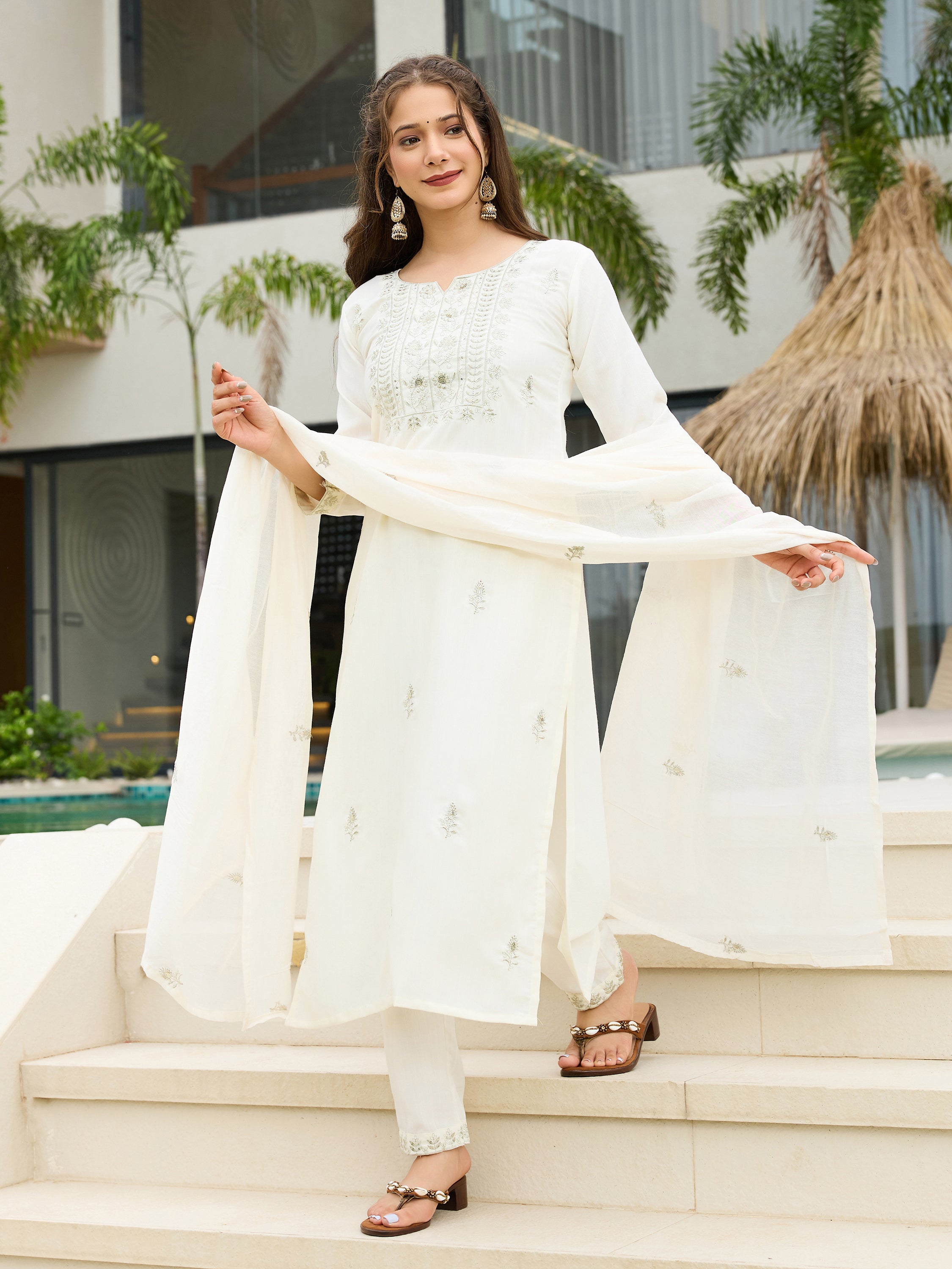 White Rayon Slub Kurta Pant Set With Thread Embroidered With Sequins Work