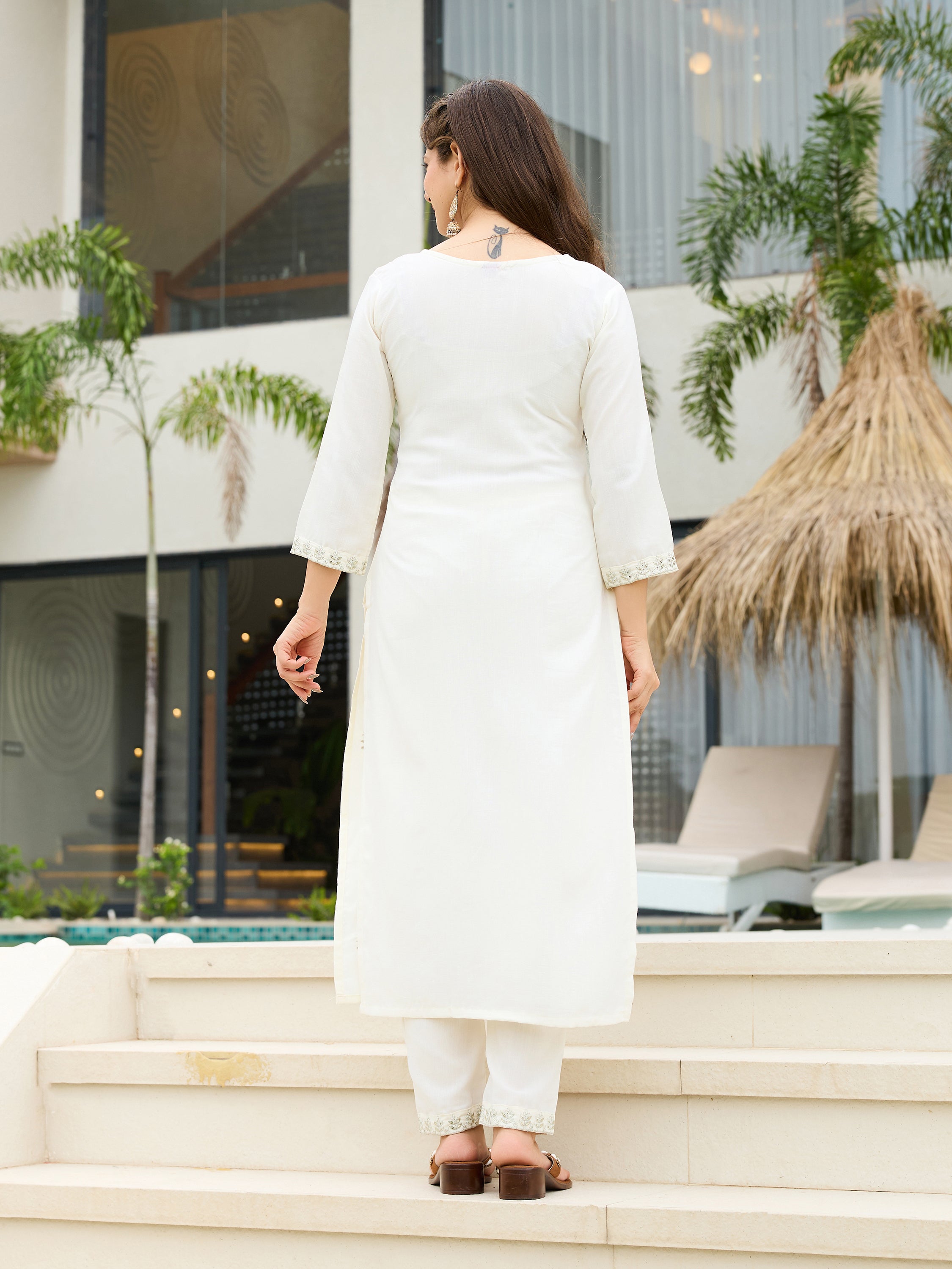 White Rayon Slub Kurta Pant Set With Thread Embroidered With Sequins Work