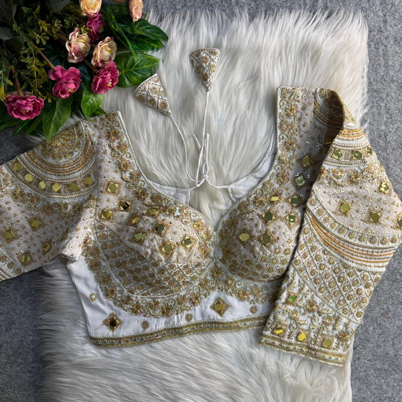 White Real Mirror Work Long Sleeve Bridal Blouse in Roman Silk with Embroidery & Sequins