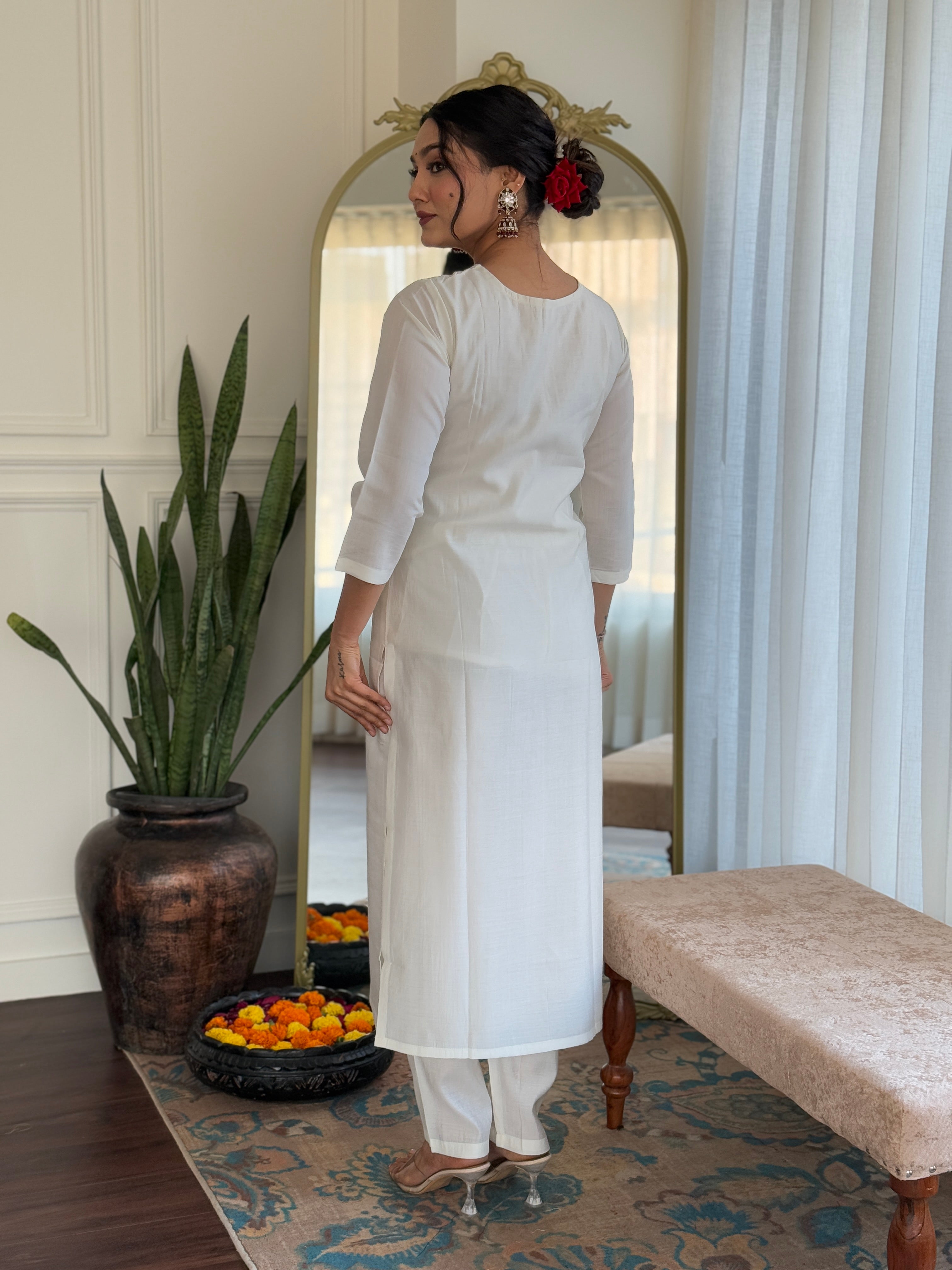 White Roman Silk Elegant Kurta Pant Set With Embroidery Work