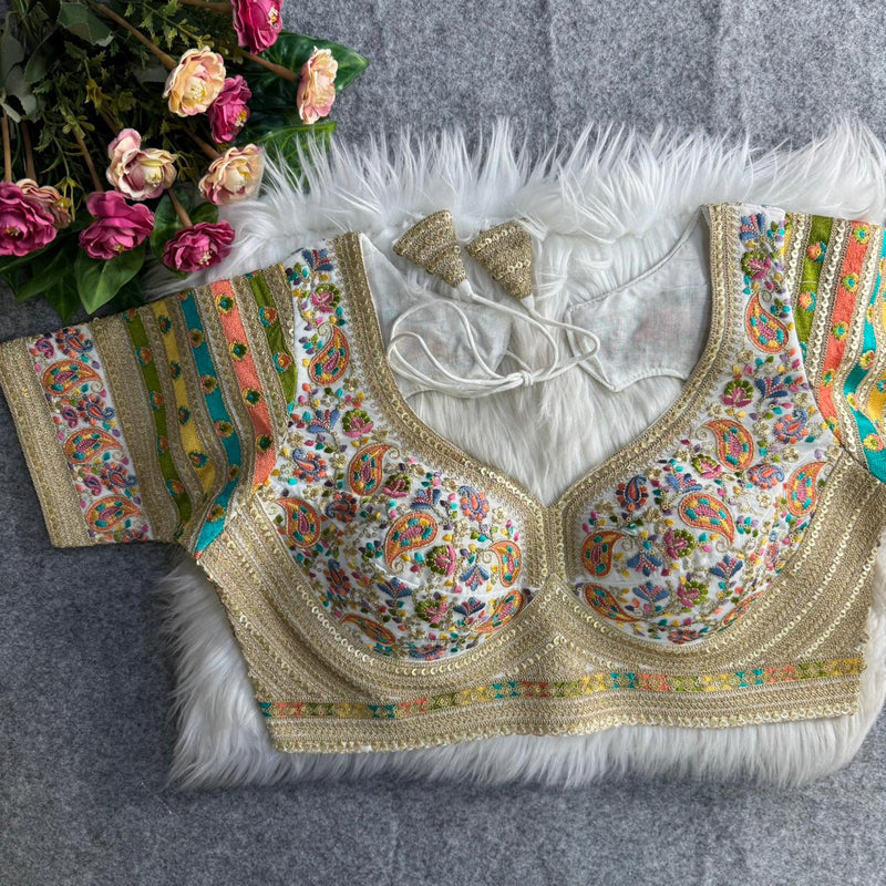 White Sabyasachi Style Heavy Kashmiri Thread & Cording Work Fox Georgette Blouse for Women