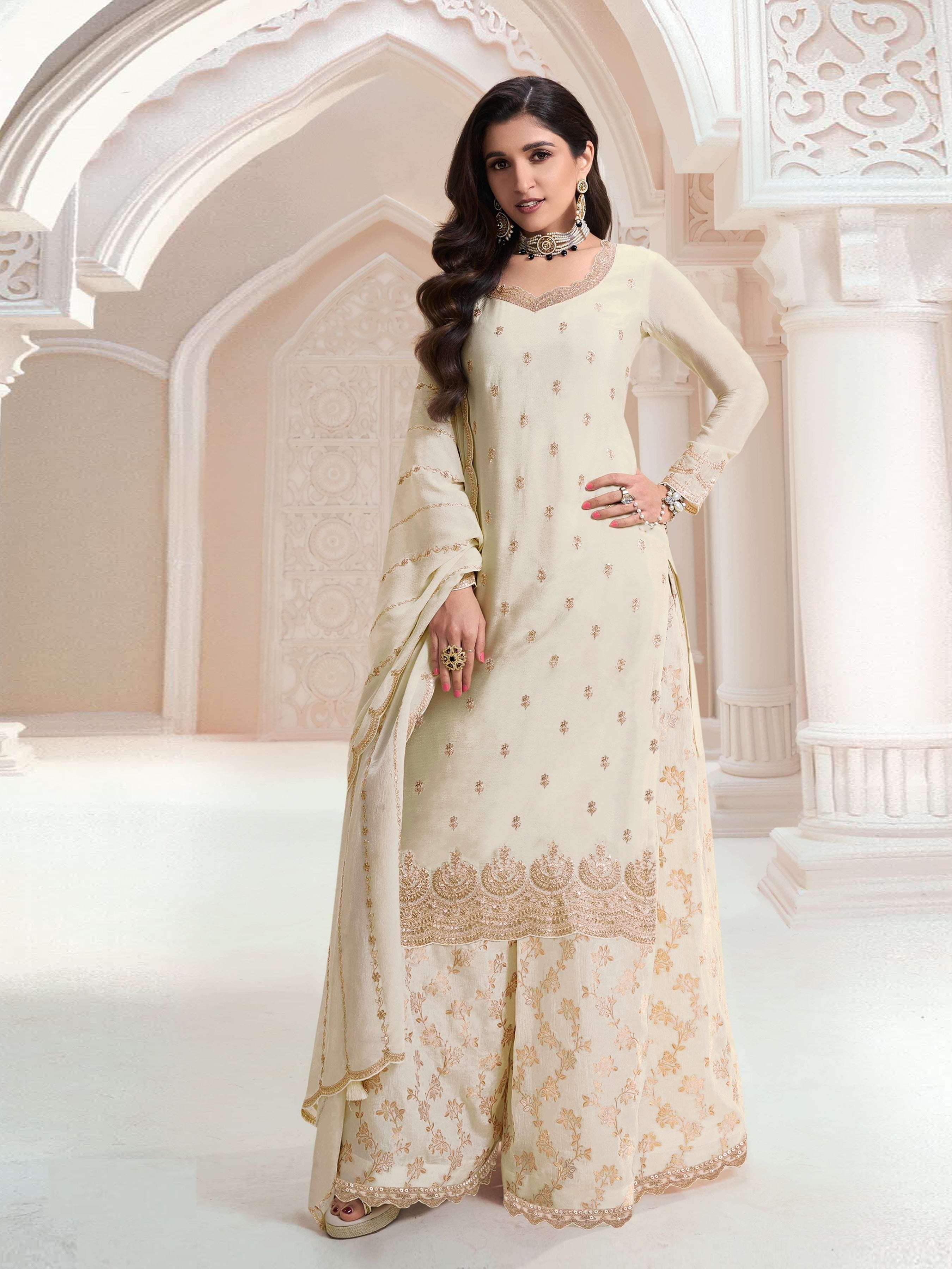 White  Sarara Style Salwar Suit With Heavy Embroidery Work