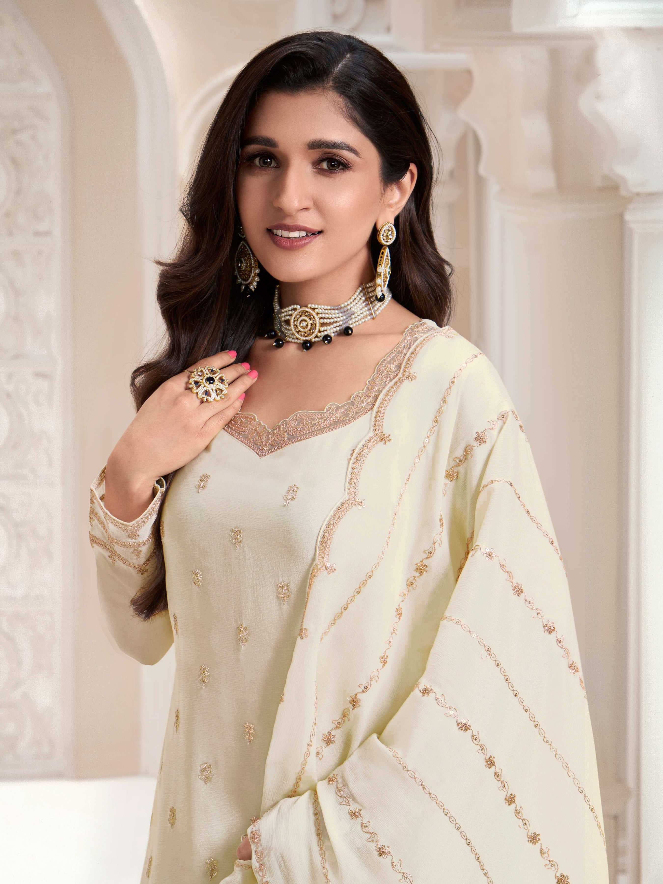 White  Sarara Style Salwar Suit With Heavy Embroidery Work