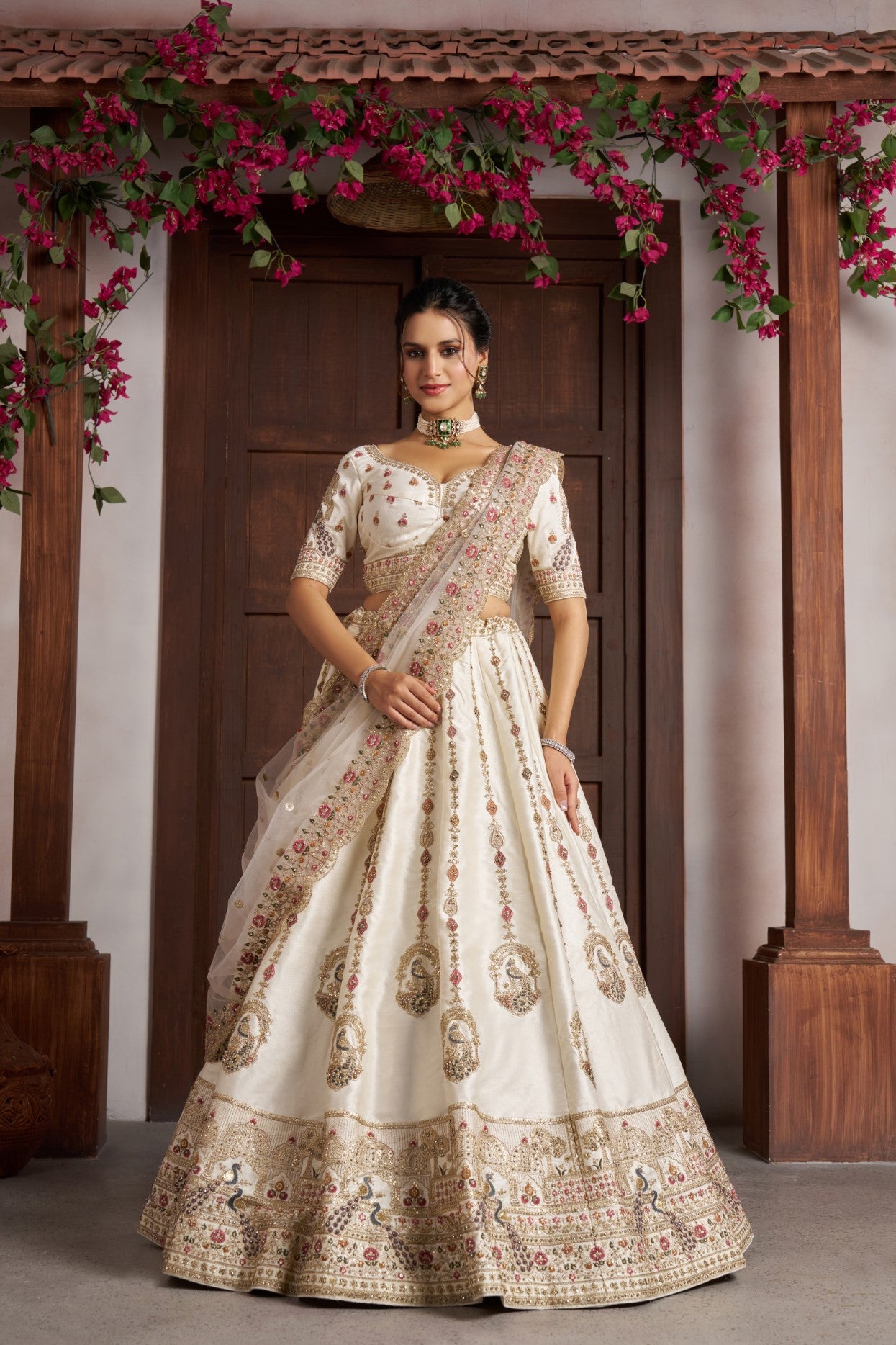 White Silk Peacock Embroidered Designer Bridal Lehenga Choli