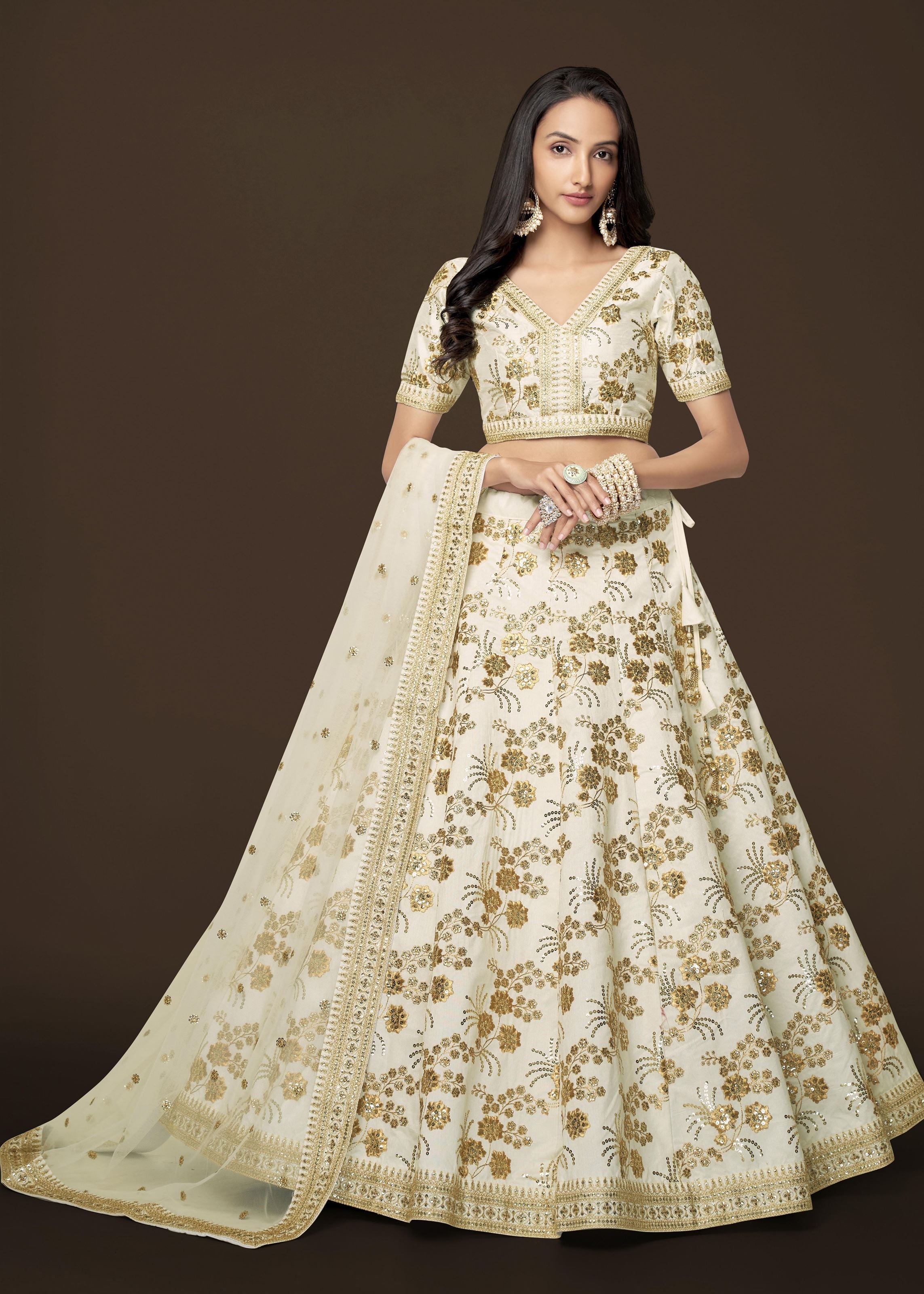White Slub Silk Lehenga Choli With Zari Sequins and Dori Embroidery Work