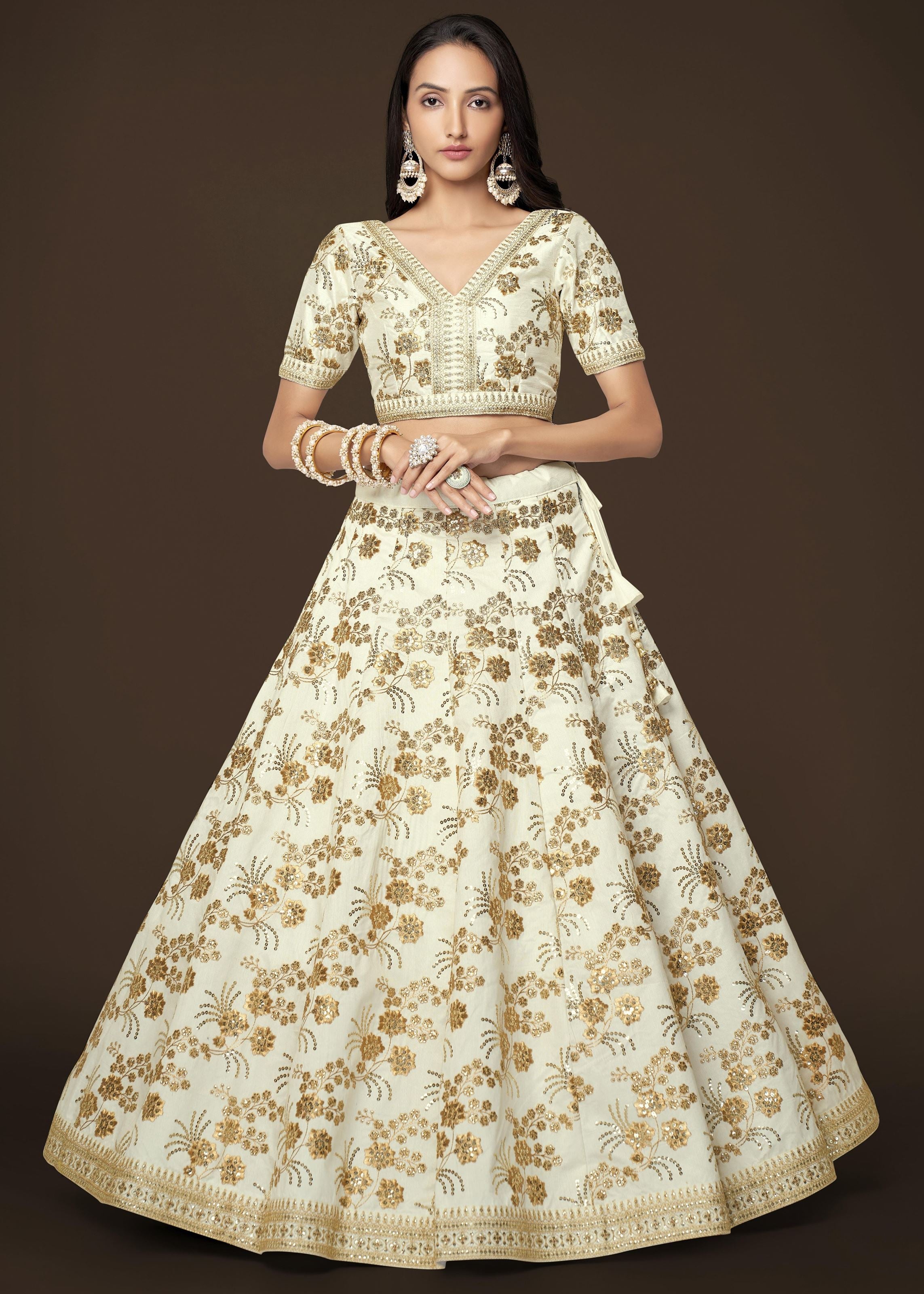 White Slub Silk Lehenga Choli With Zari Sequins and Dori Embroidery Work