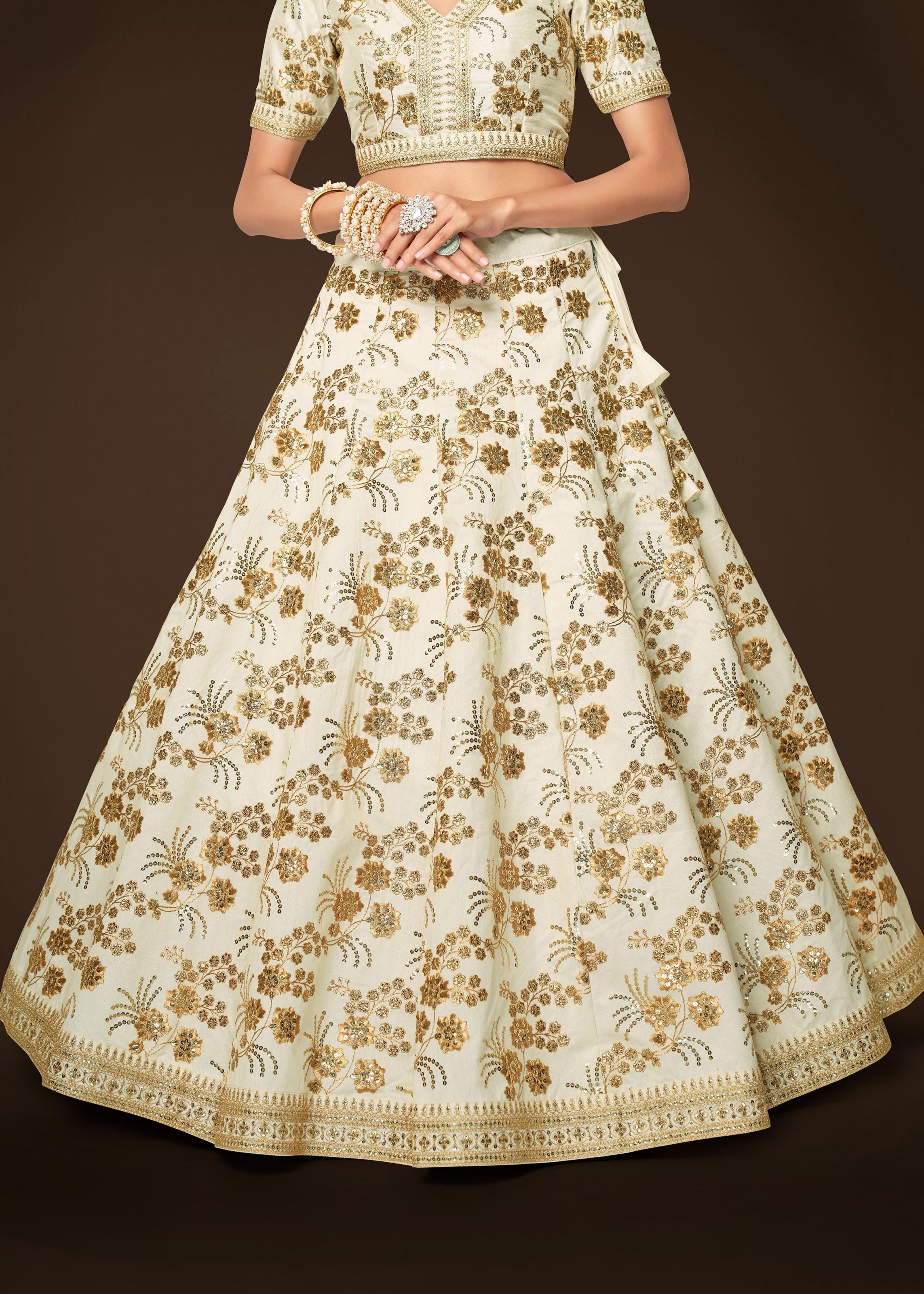 White Slub Silk Lehenga Choli With Zari Sequins and Dori Embroidery Work