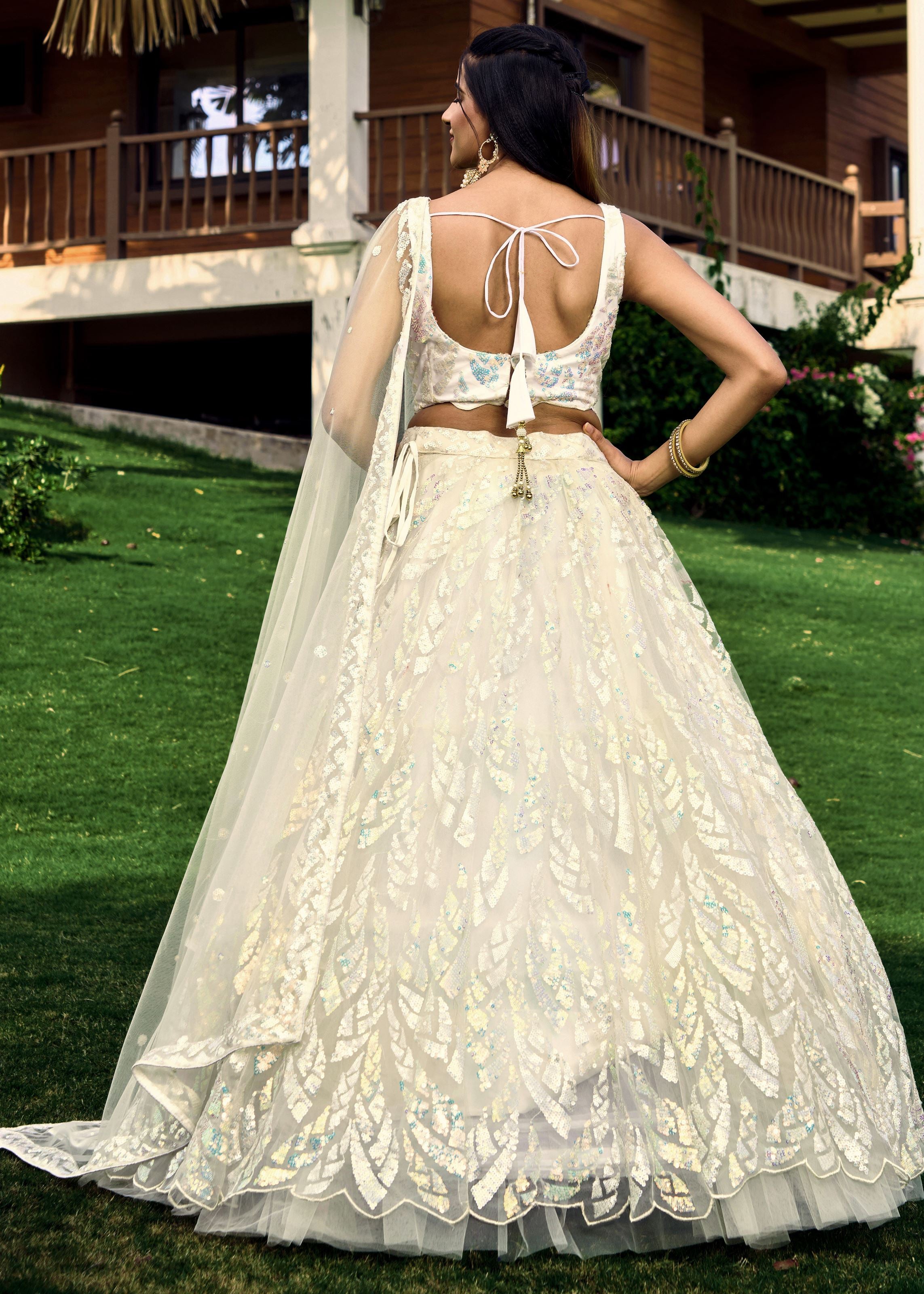 White Soft Net Lehenga Choli With Multiple Sequins, Thread Embroidery Work