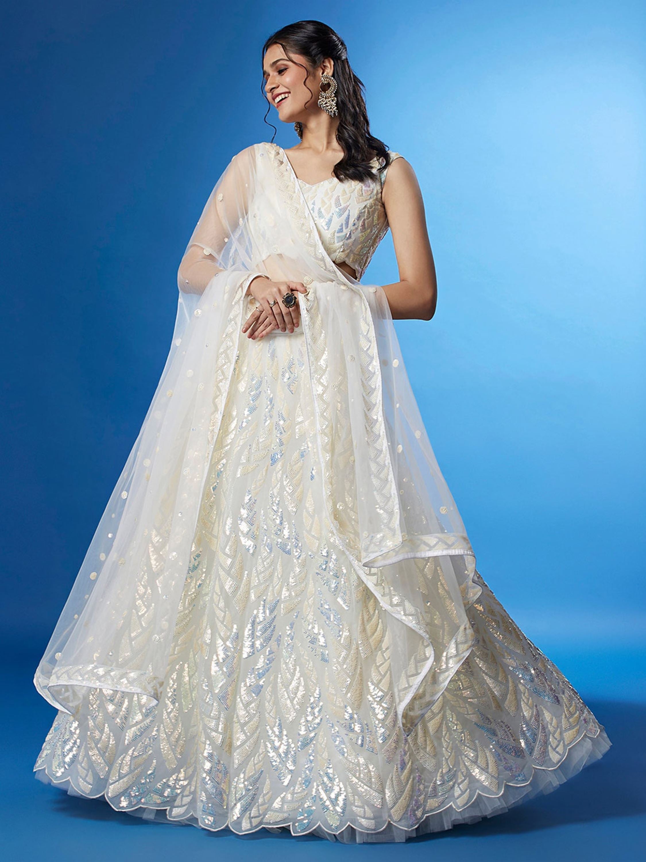 White Soft Net Lehenga Choli With Multiple Sequins, Thread Embroidery Work