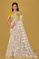 White Soft Organza Brasso Saree With  Printed Saree With Piping, Embroidery Sequins Work