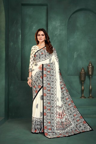 White Sophisticated Position Digital Foil Printed Crepe Silk Saree