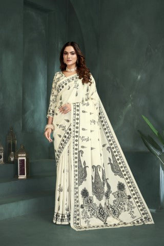 White Sophisticated Position Digital Foil Printed Crepe Silk Saree