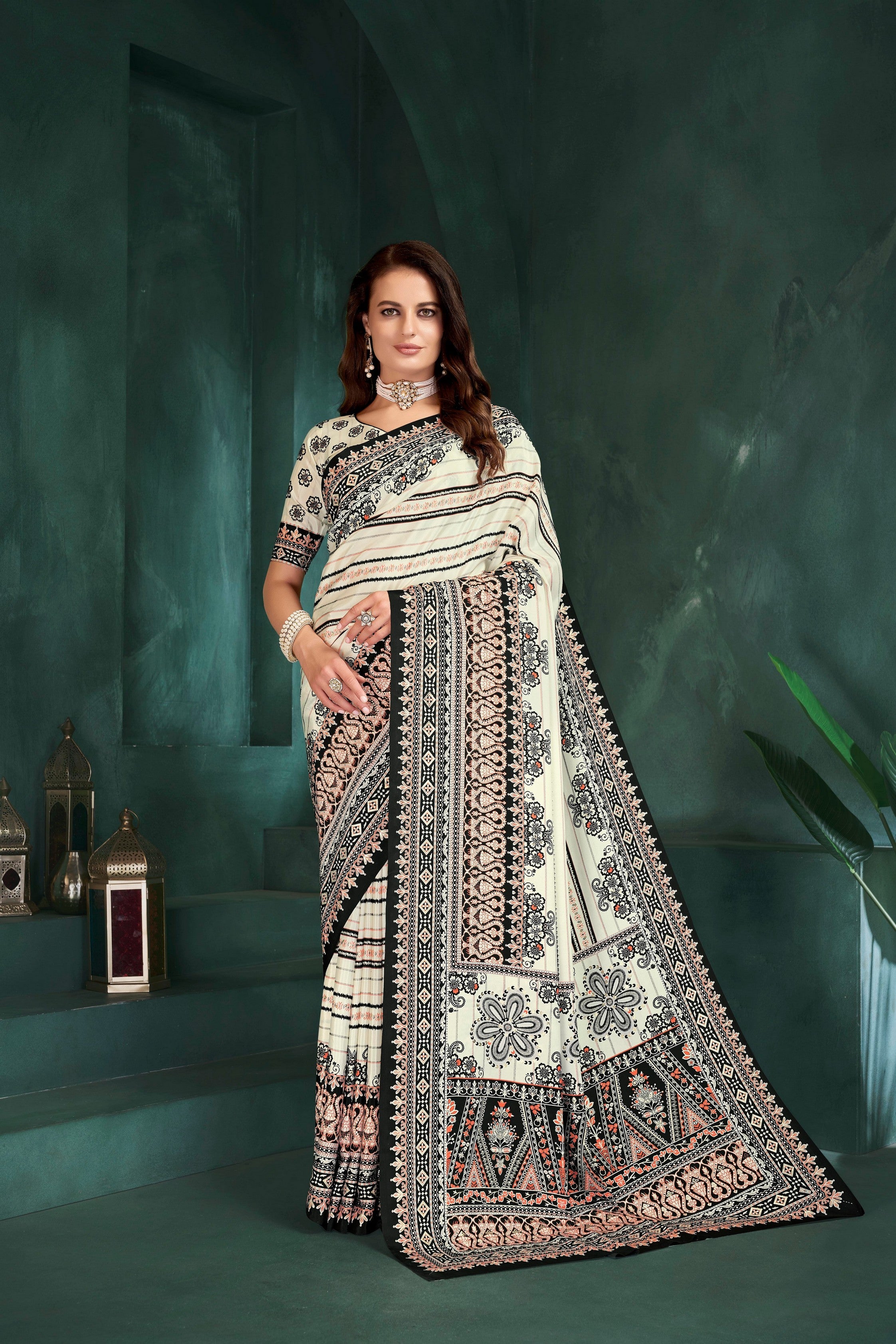 White Sophisticated Position Digital Foil Printed Crepe Silk Saree