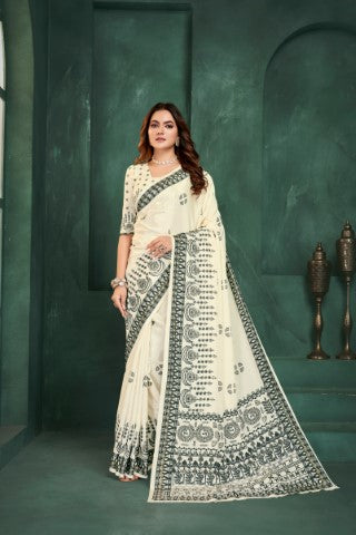 White Sophisticated Position Digital Foil Printed Crepe Silk Saree