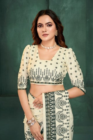 White Sophisticated Position Digital Foil Printed Crepe Silk Saree