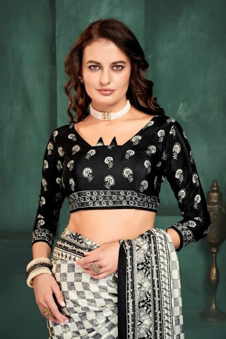 White Sophisticated Position Digital Foil Printed Crepe Silk Saree