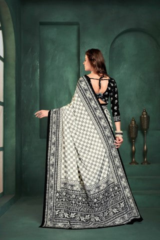 White Sophisticated Position Digital Foil Printed Crepe Silk Saree