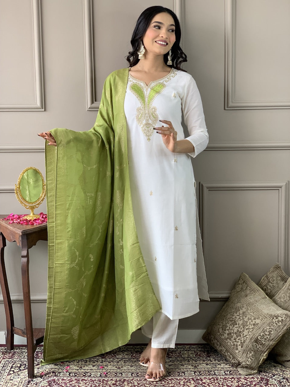 White  Viscose Blend Elegant Kurta Pant Set With Embroidery Work