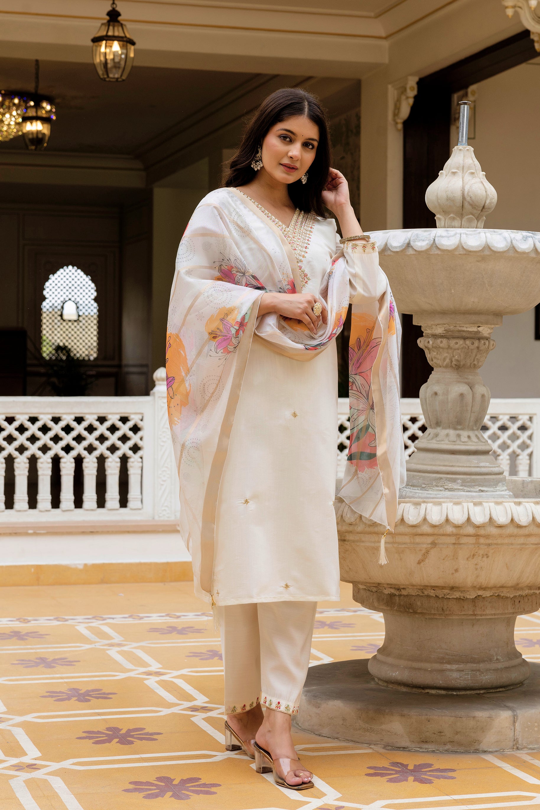 White Viscose Chanderi Kurta Pant Set With Thread Embroidered With Beads Work With Printed Dupatta
