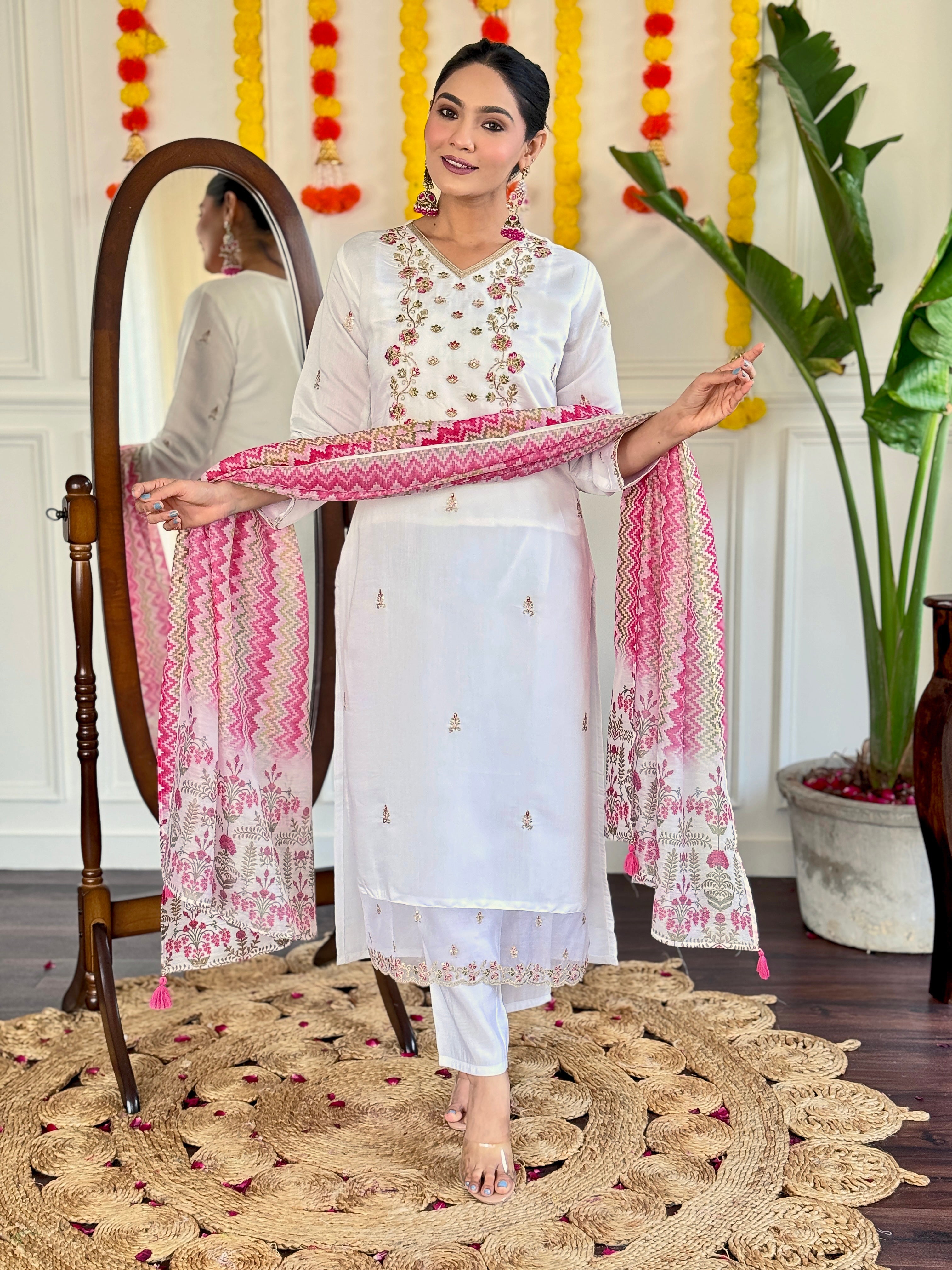 White Viscose Chanderi Kurta Pant With Heavy Thread Embroidery