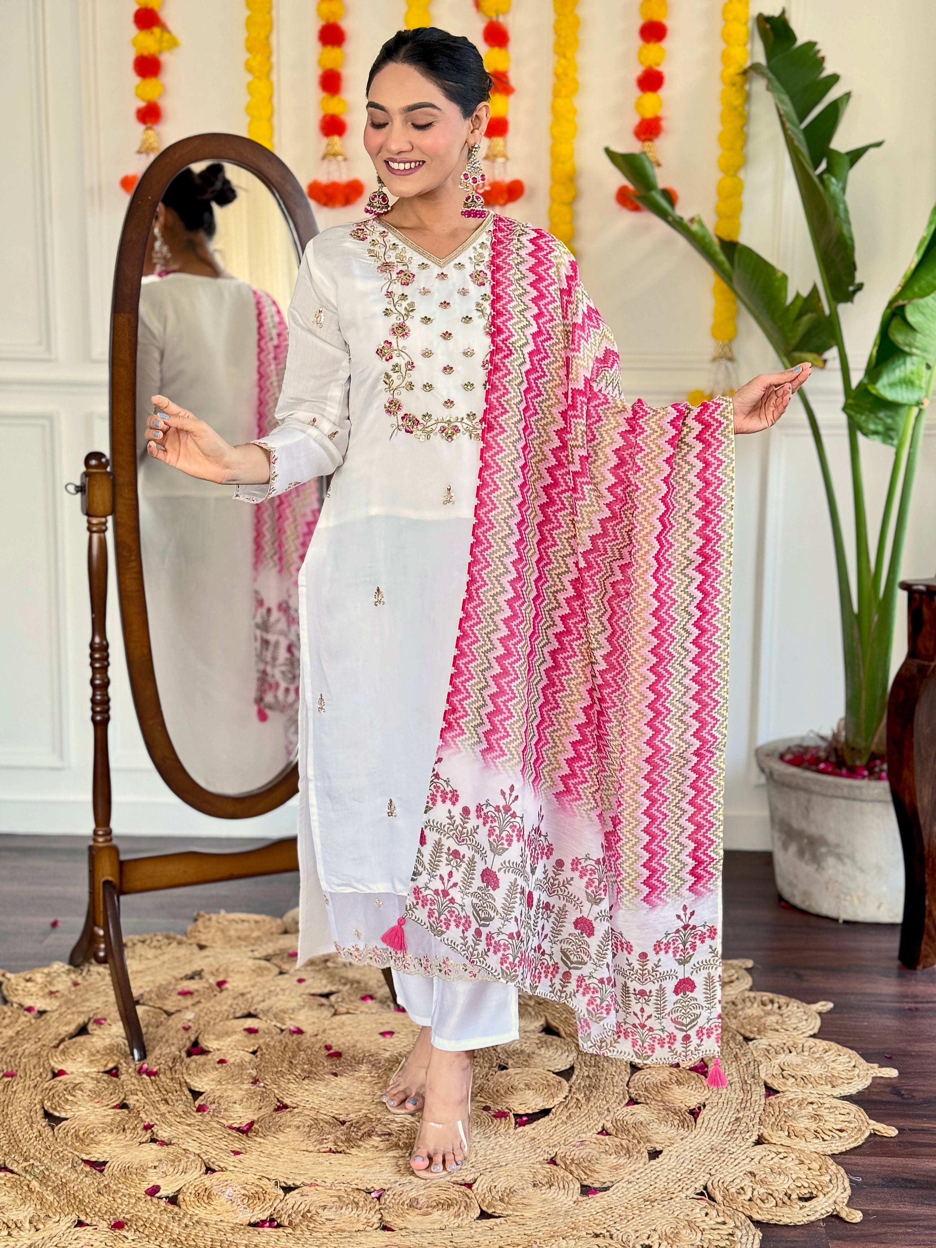 White Viscose Chanderi Kurta Pant With Heavy Thread Embroidery