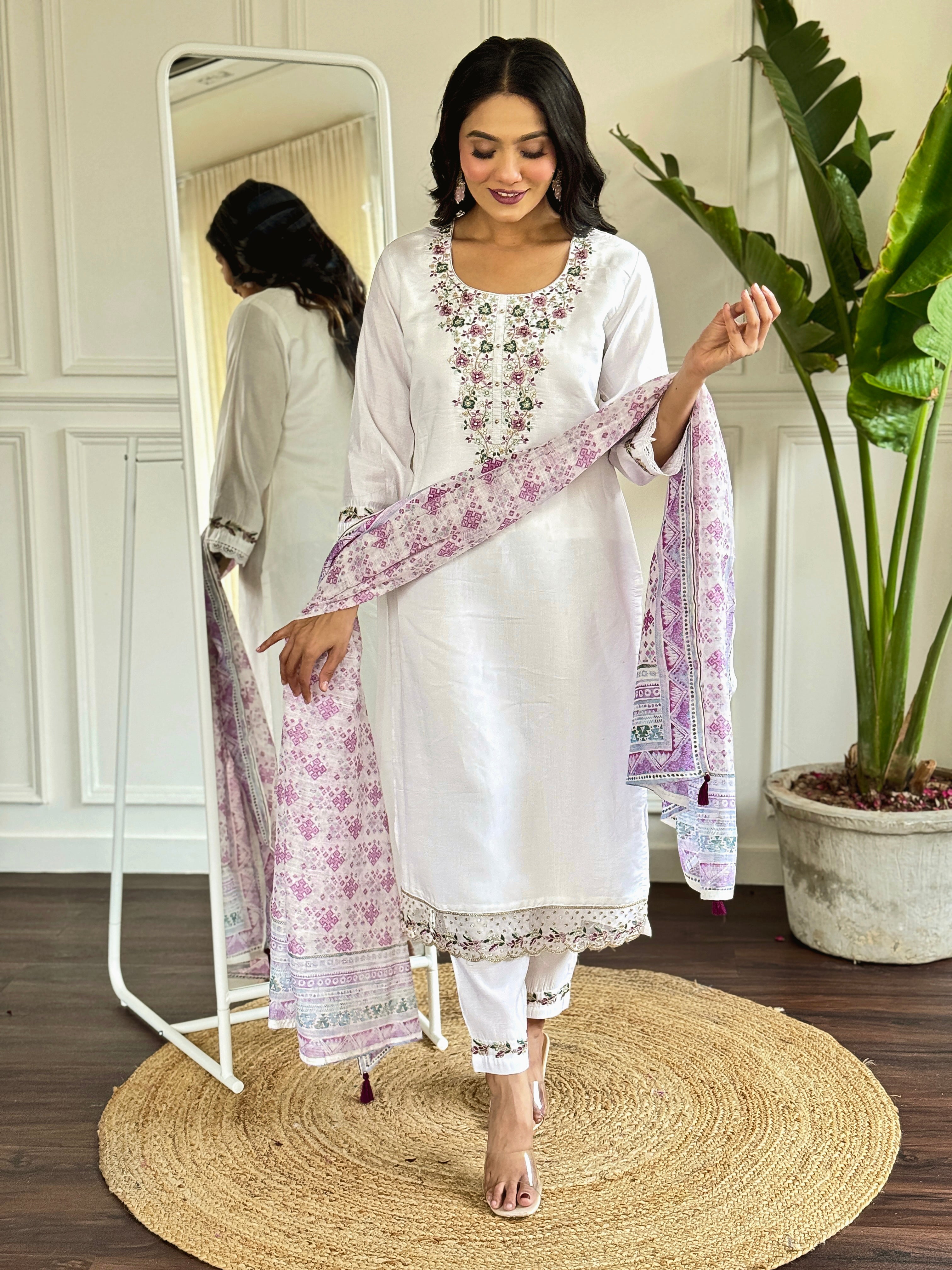White Viscose Chanderi Kurta Pant With Heavy Thread Embroidery