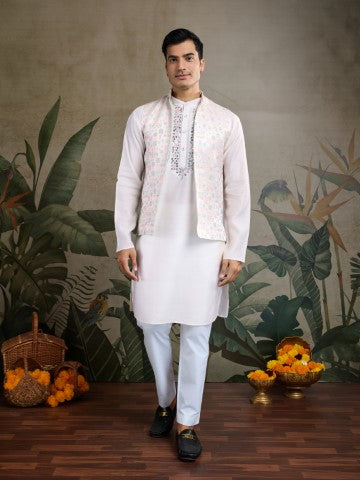 White Viscose Silk Ceremonial Kurta with Jacket