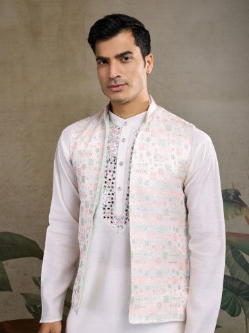 White Viscose Silk Ceremonial Kurta with Jacket