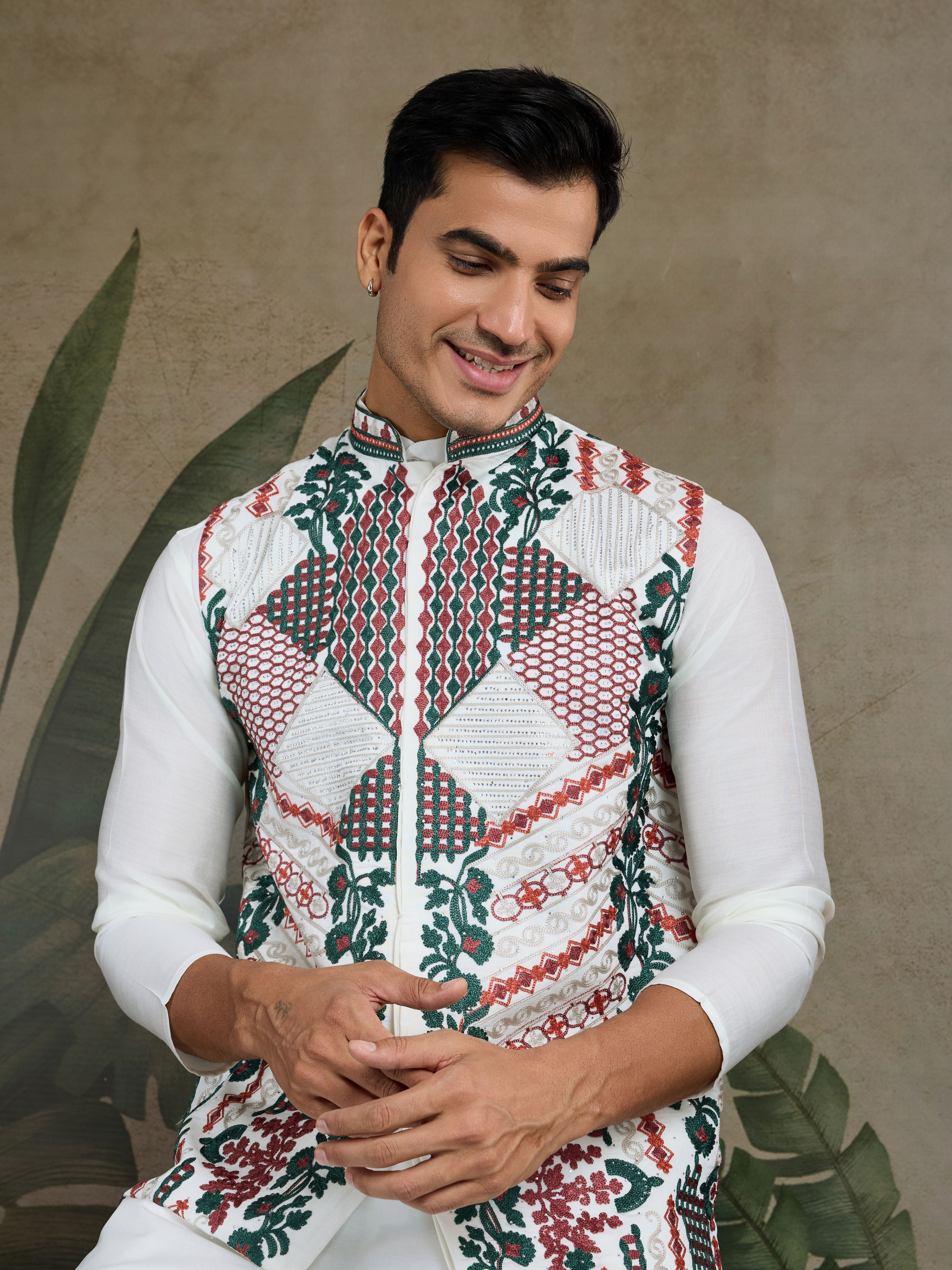 White Viscose Silk Kurta with Swarovski Embroidery  &Jacket