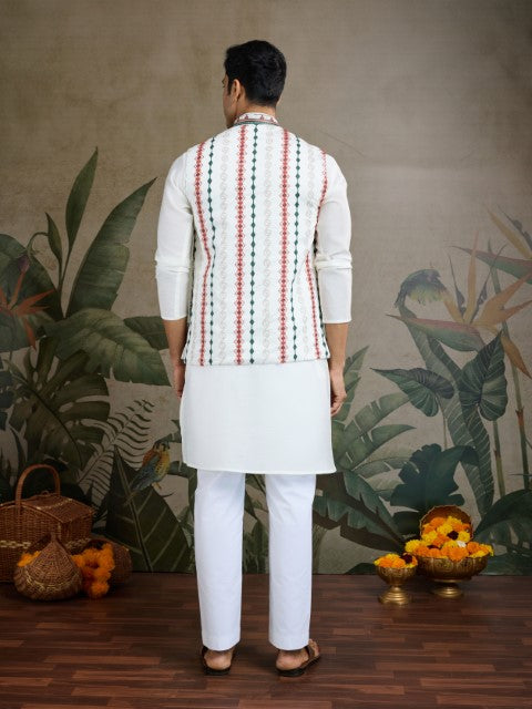 White Viscose Silk Kurta with Swarovski Embroidery  &Jacket