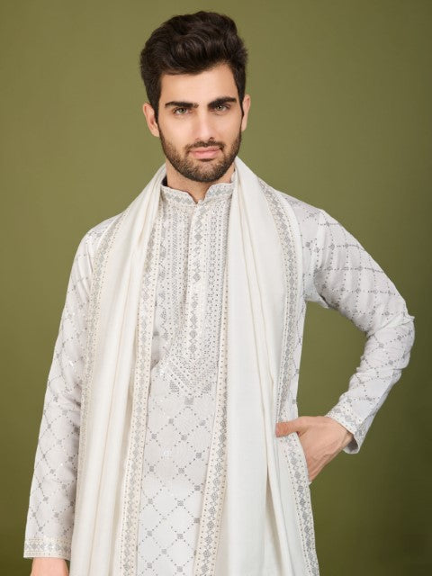 White Viscose Silk Thread & Sequins Embroidery Kurta with Dupatta