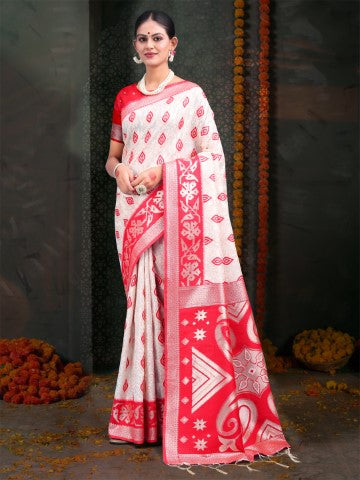 White & Red Linen Cotton Woven Jacquard Designer Saree