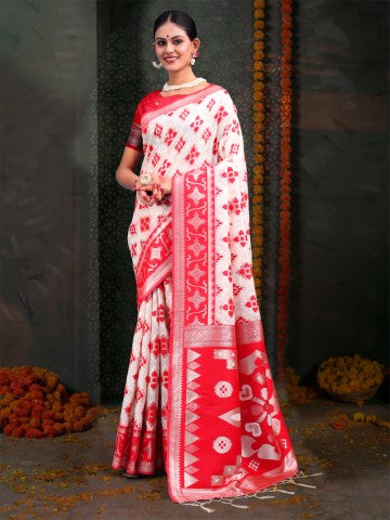 White & Red Linen Cotton Woven Jacquard Designer Saree