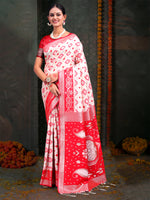 White & Red Linen Cotton Woven Jacquard Designer Saree