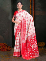 White & Red Linen Cotton Woven Jacquard Designer Saree