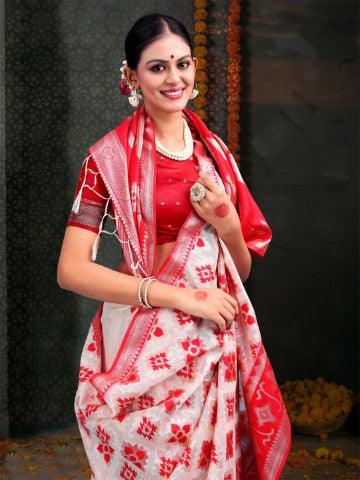 White & Red Linen Cotton Woven Jacquard Designer Saree