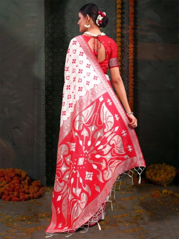 White & Red Linen Cotton Woven Jacquard Designer Saree