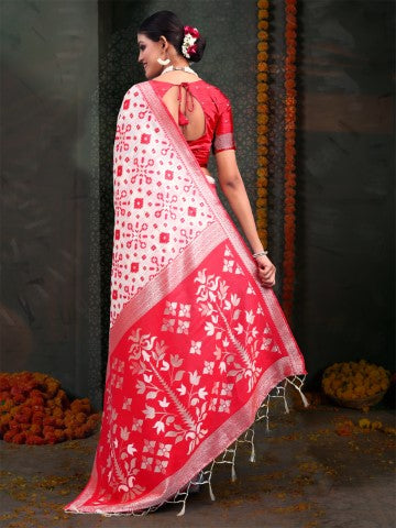 White & Red Linen Cotton Woven Jacquard Designer Saree