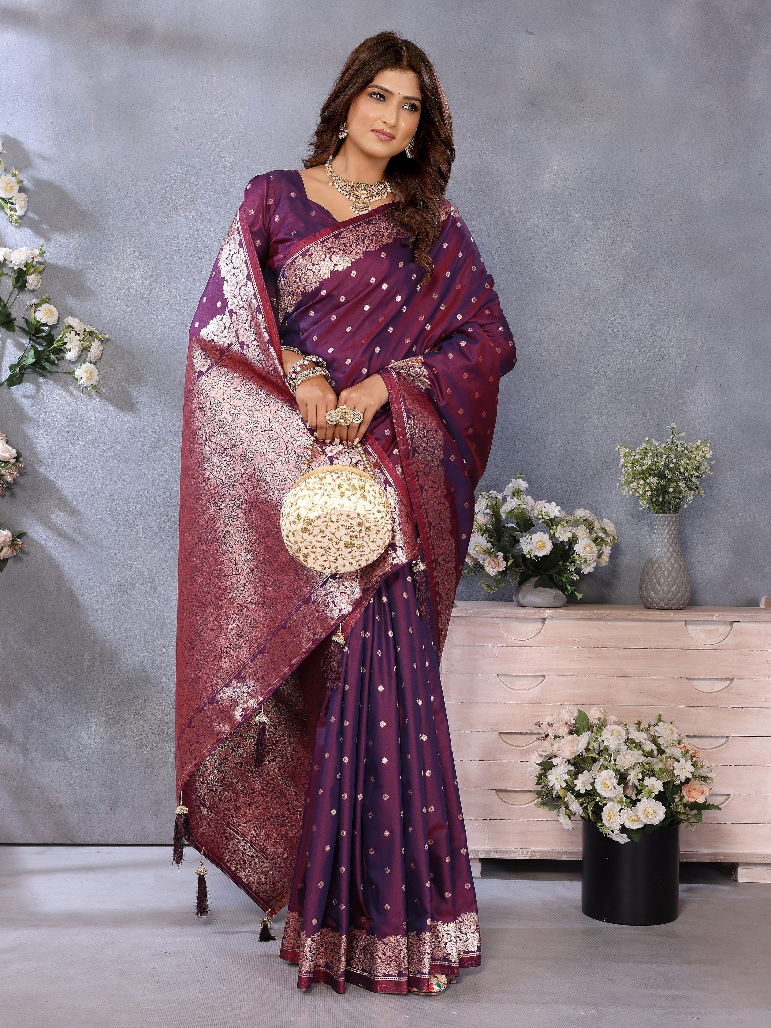 Wine Banarasi Silk Jacquard Weving Designer Trendy Partywear Saree