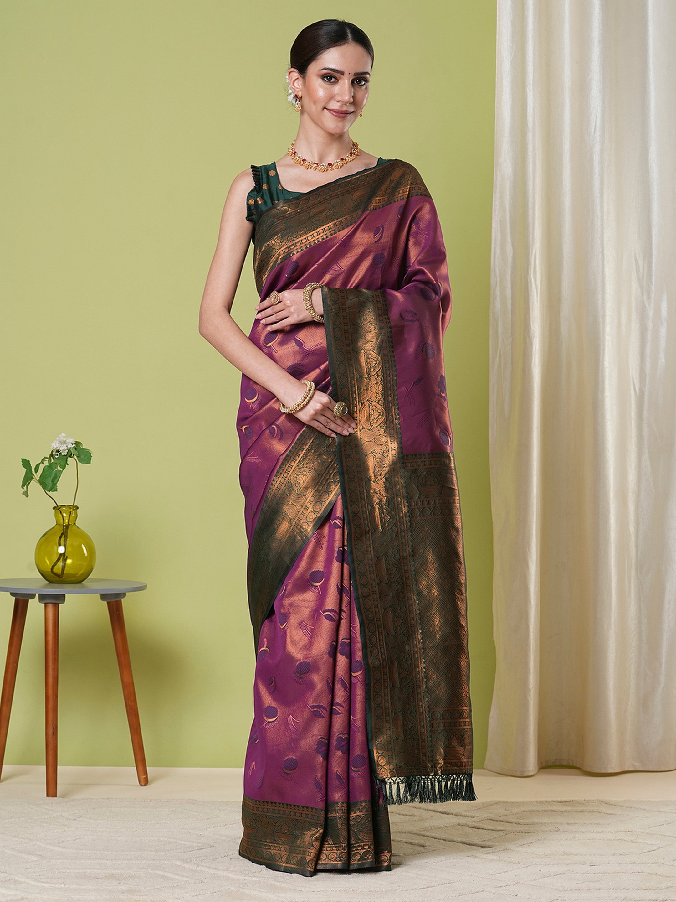 Wine Banarasi Silk Saree With Beautiful Jacquard Designer Work