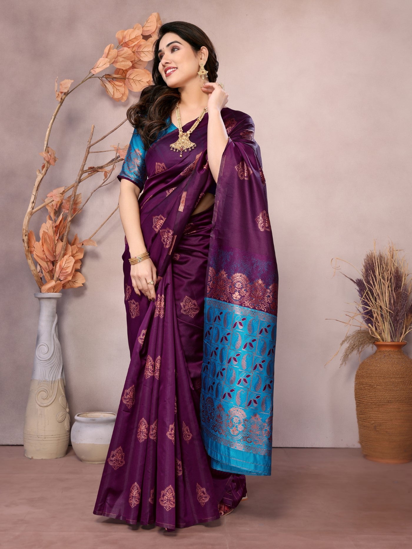 Wine Banarasi Silk Saree With Weaving