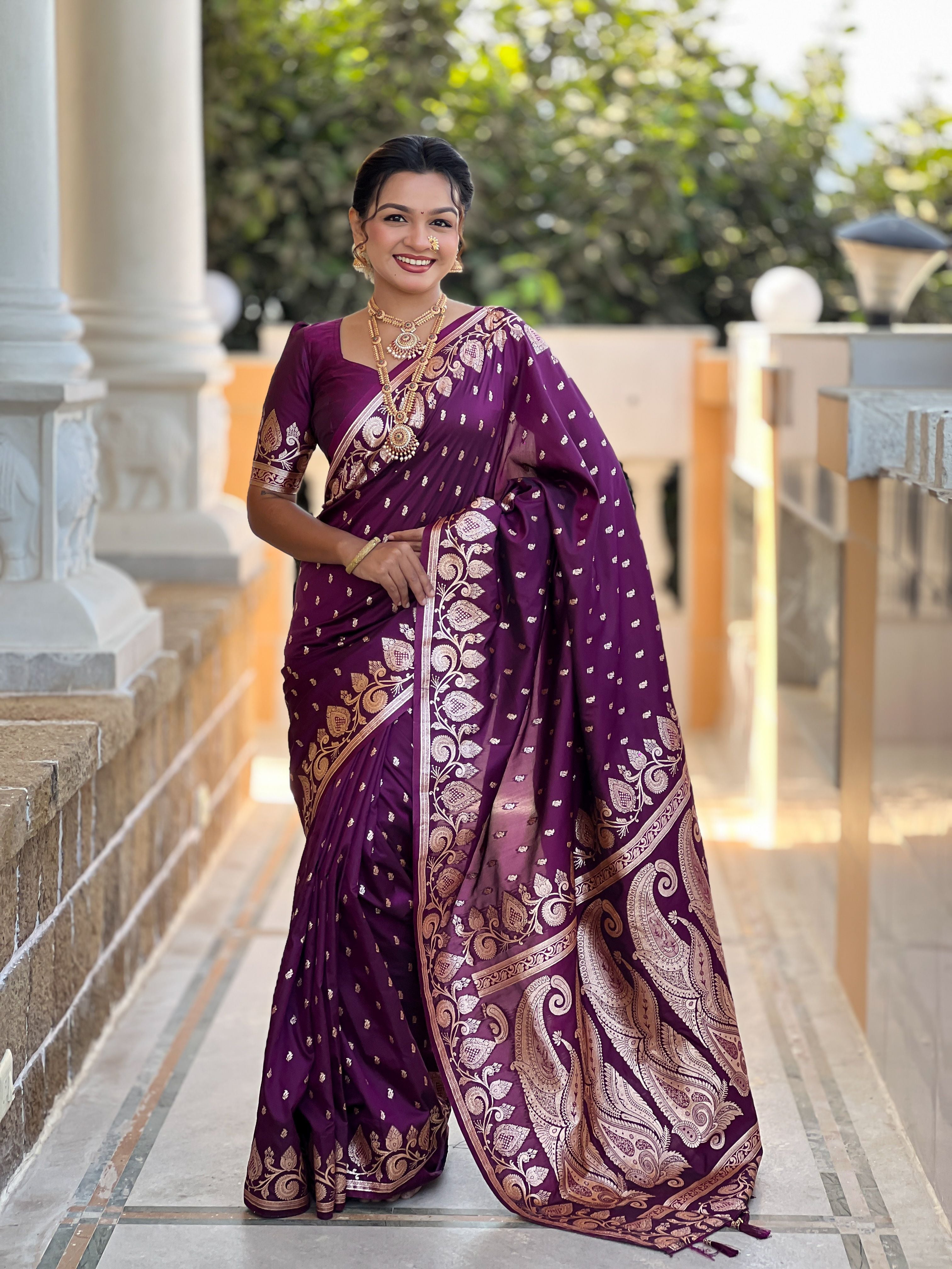 Wine Banarasi Silk Saree With Woven Jacquard Designer Partywear Saree
