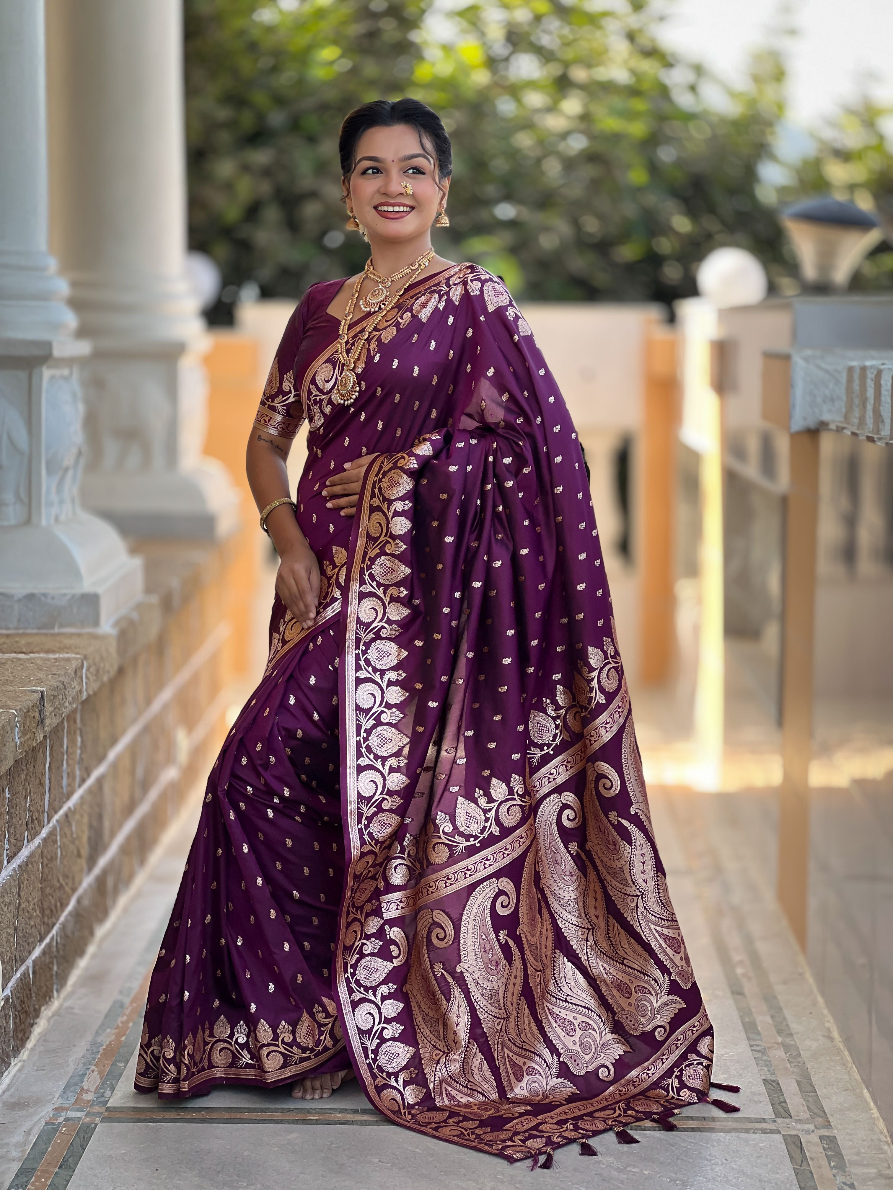 Wine Banarasi Silk Saree With Woven Jacquard Designer Partywear Saree