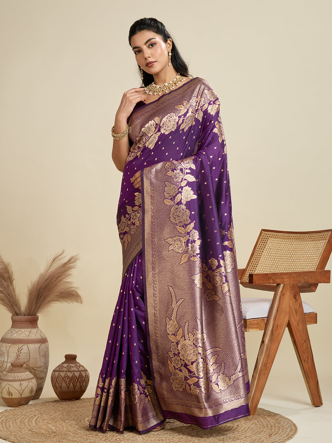 Wine Banarasi Silk Saree with Butti and Floral Border